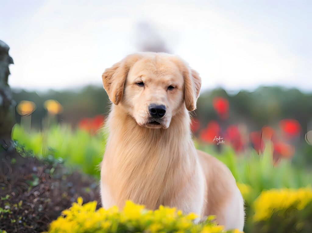 A golden retriever sitting happily in a vibrant field of colorful flowers under a clear blue sky.